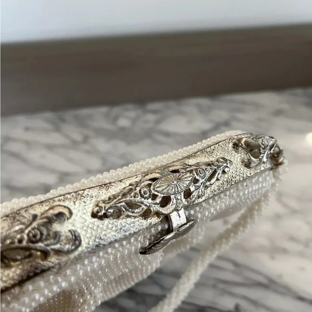 White Pearl Beaded Purse Evening Bag Clutch Silver Frame Clasp Vintage 50s 60s